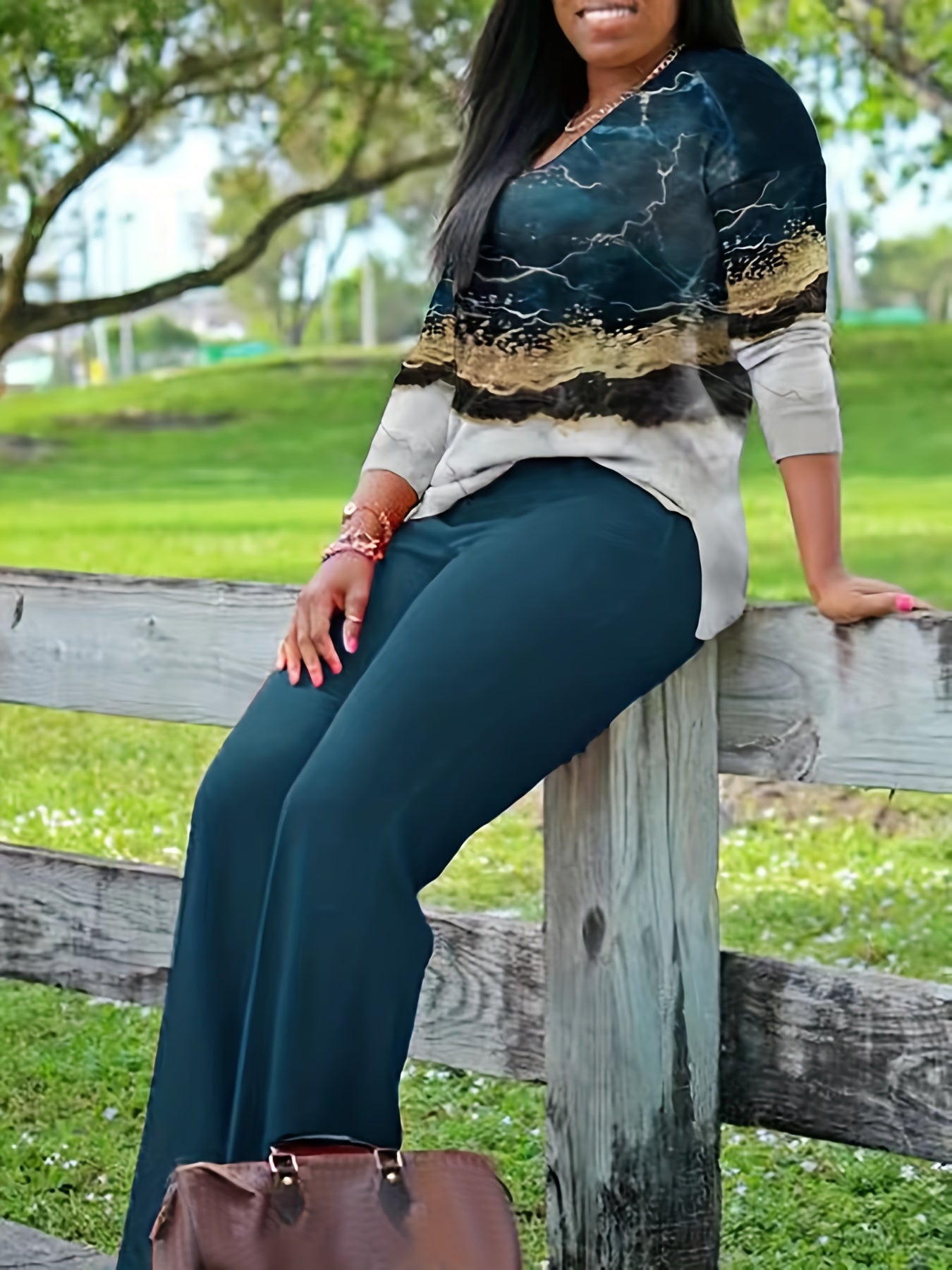 [Printed Two-piece Set] Two-piece Set - V Neck Long Sleeve Top & Wide Leg Pants Outfits - All Over Print, Women's Clothing