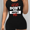 Women's Sexy Backless Jumpsuit with Bold "GOD DON'T PLAY ABOUT ME" Letter Print - Stretchy Polyester Romper, Machine Washable, Black with White & Red Design, Sleeveless Square Neckline, Form-Fitting Shorts Style, Fashion Stat