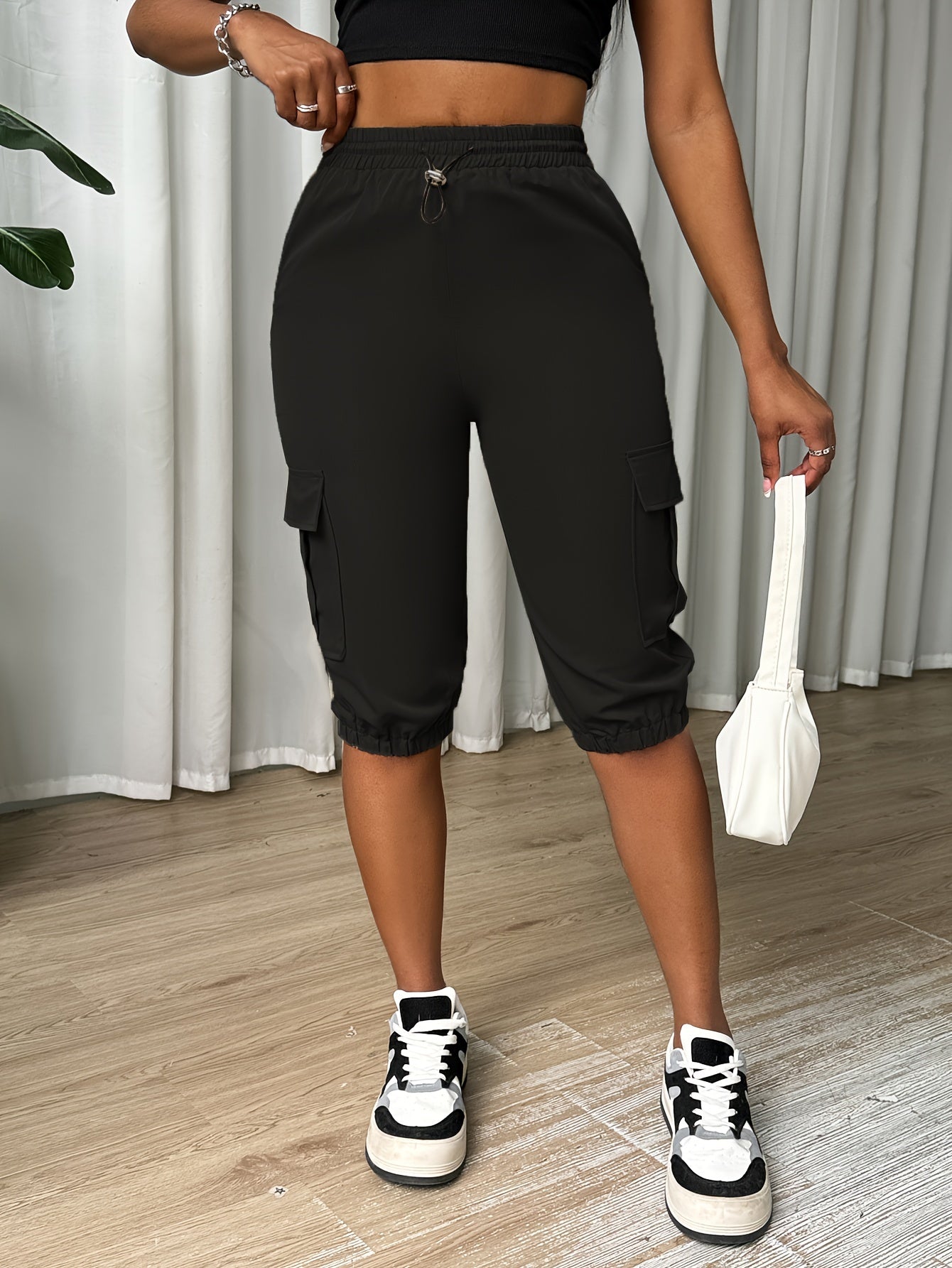Flap Pockets Cargo Pants, Casual High Waist Cropped Pants For Spring & Summer, Women's Clothing