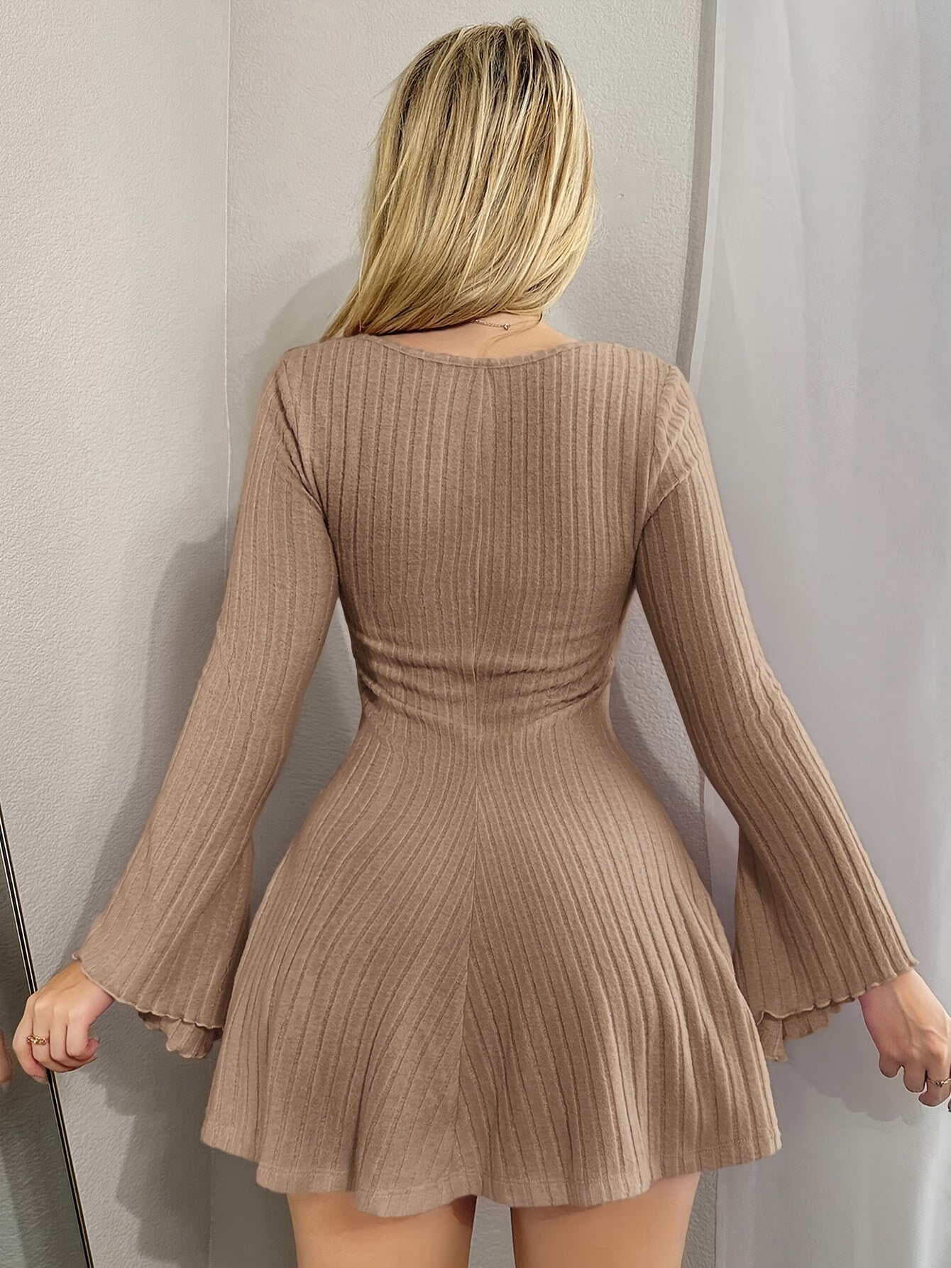 Elegant Pink Knit Dress for Women with Bow Detail - Square Neck, Long Flared Sleeves, Ribbed A-Line Mid-Length, Machine Washable - Perfect for Fall & Winter