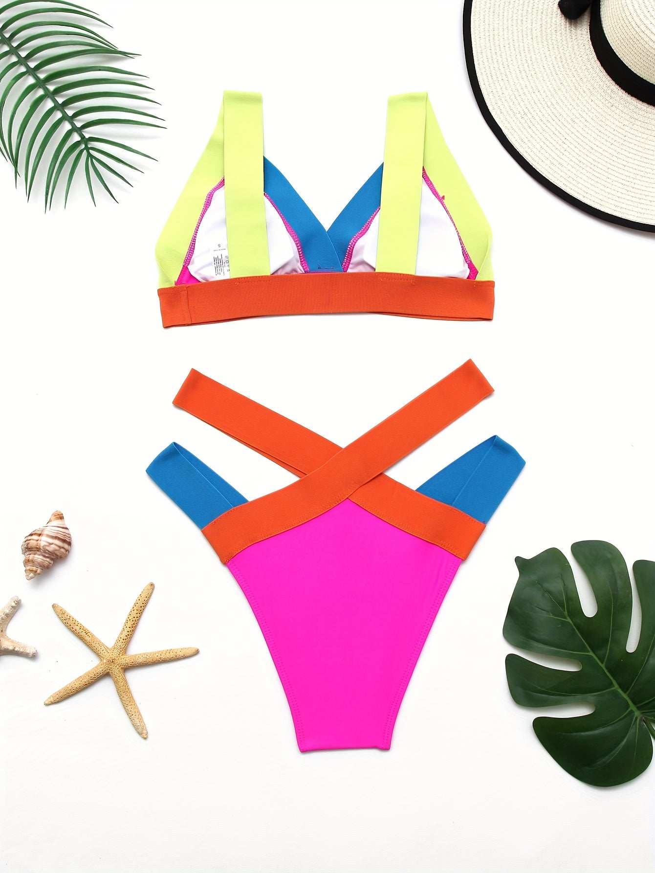 Women'S High Stretch Color Block Bikini Set - European & American Style Triangle Cross Strap Swimsuit with Neon Green, Pink, Blue, Orange Bandeau Top & High-Waisted Bottoms
