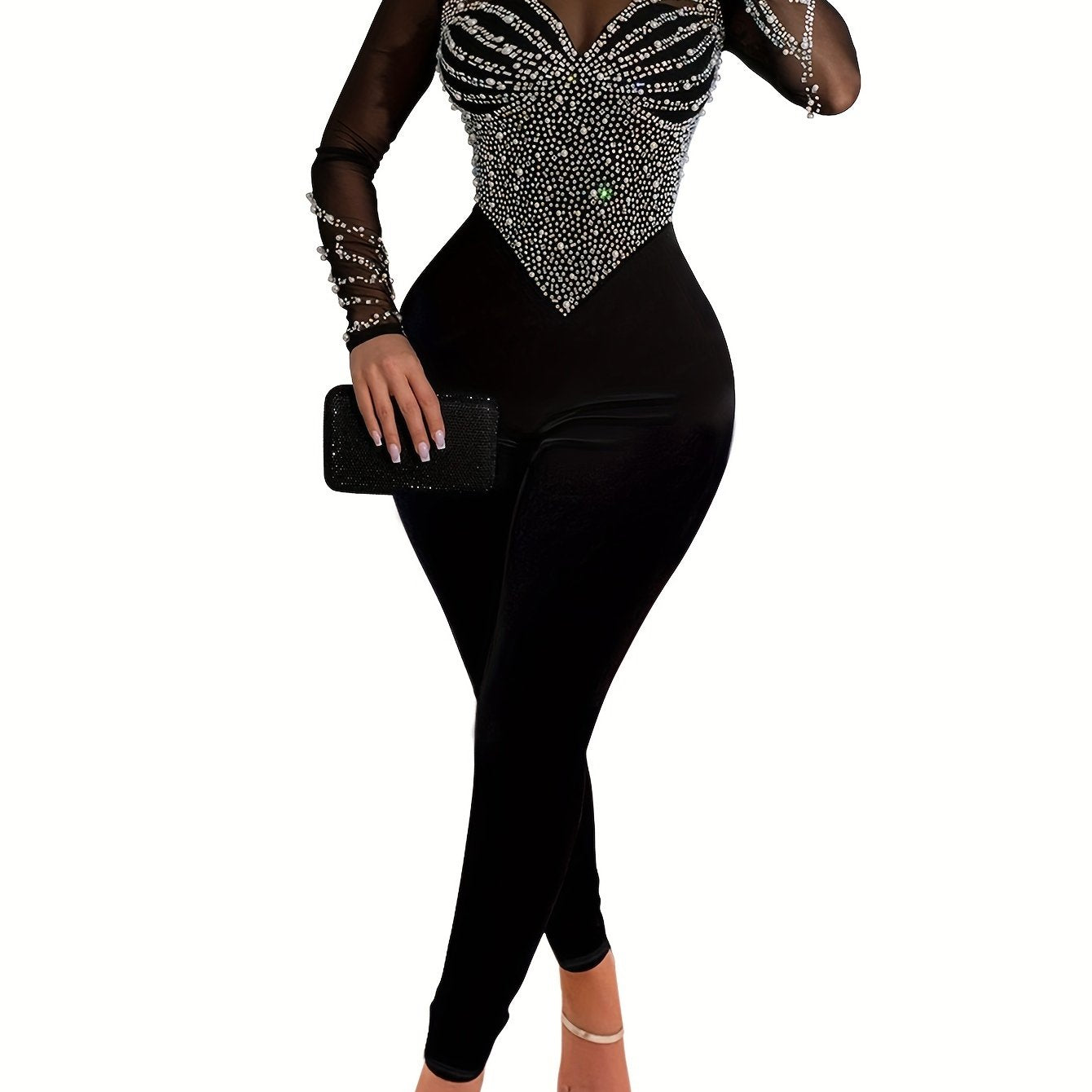Rhinestone Illusion Neck Jumpsuit, Elegant Long Sleeve Tight Jumpsuit For Party & Club - Women's Clothing -  Sparkly Rhinestone Design -  Suitable for Evening Events & Parties - Perfect Gift for Women