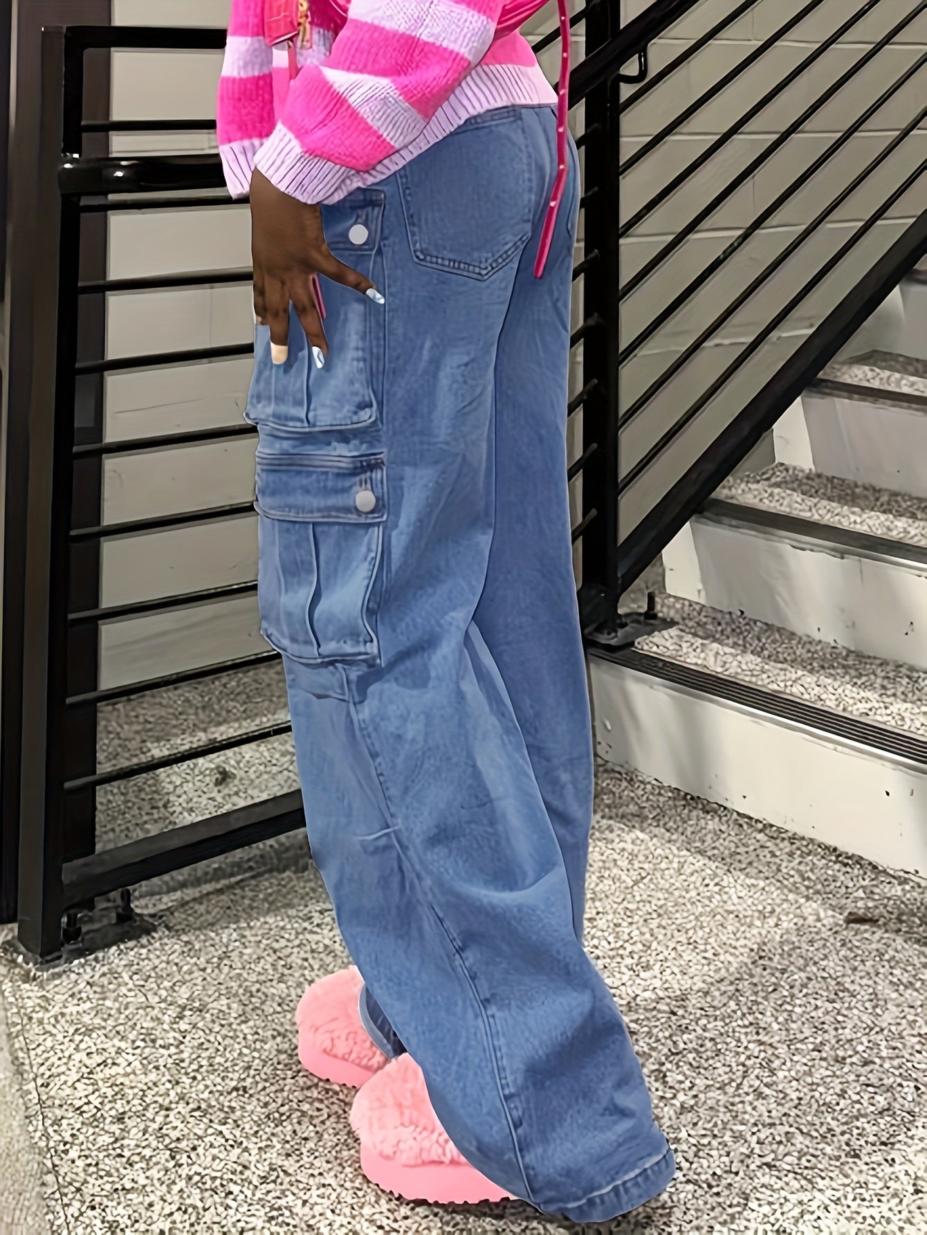 Ladies' Fashionable Retro Y2K Work Pants, High Waist Loose Wide Legs, Pockets, Comfortable Casual Style, Street Fashion Denim Pants