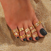 10pcs Set Unique Hollow Star Moon Heart Design Toe Ring Alloy Jewelry Bohemian Elegant Style Adjustable Ankle Ring Suit