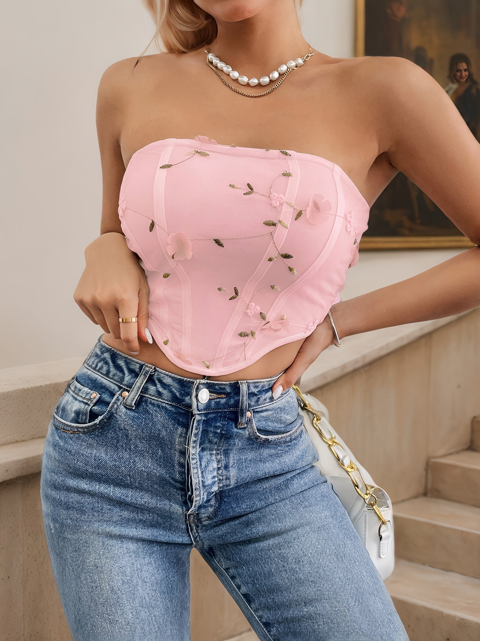 Chic Pink Floral Tube Top - Women's Sexy Off-Shoulder Crop Vest, Semi-Sheer Nylon/Polyester Blend, Perfect for Summer Fashion