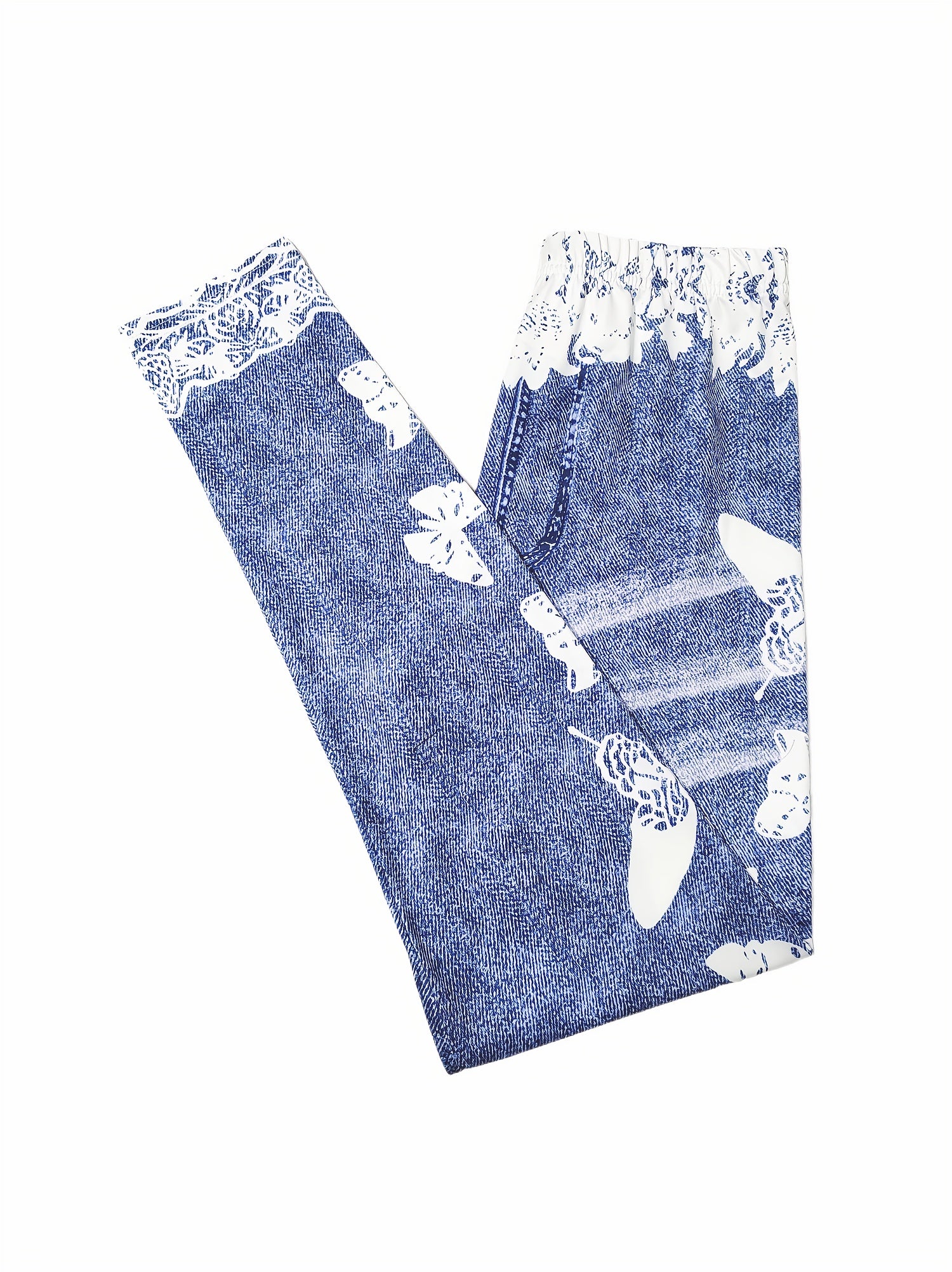 Women'S Fashion Butterfly Printed Faux Denim-Like Leggings, Elastic Waist Long Length Knit Fabric, Casual All-Season Polyester & Spandex Blend, Regular Fit Weekend Casual Joggers