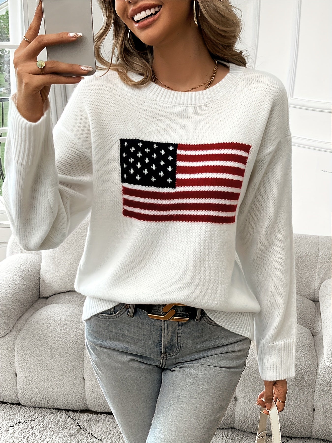 Women's Casual Long Sleeve Pullover Sweater with American Flag Pattern, Round Neck, Stretch Knit Fabric, Regular Fit, Autumn/Winter Fashion - For Women - Perfect for Casual Wear, Fall & Winter - Ideal Gift for Patriotic Fashi
