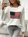 Women's Casual Long Sleeve Pullover Sweater with American Flag Pattern, Round Neck, Stretch Knit Fabric, Regular Fit, Autumn/Winter Fashion - For Women - Perfect for Casual Wear, Fall & Winter - Ideal Gift for Patriotic Fashi
