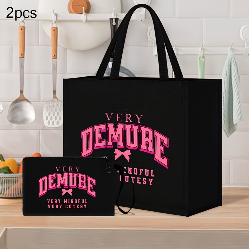 2pcs Chic Black Linen Tote & Makeup Bag Set with "VERY DEMURE" Print - Lightweight, Durable Shopping and Beach Travel Bags with Pink Bow Accent, Hand Washable