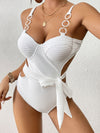 Solid Color One-Piece Swimsuit with Belt Non-Detachable Cups with Underwire White Circle Chain Embellished One-Piece Swimsuit
