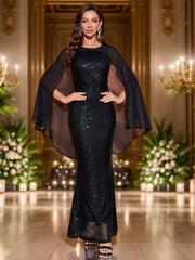 Elegant Sequin Mermaid Bridesmaid Dress | Women'S Bodycon Chiffon Cape Sleeve Gown | Black with Contrast Sequins | Long Flowing Flared Hem | Perfect for Weddings & Formal Events, Formal Evening Wear | Sophisticated Style | Se