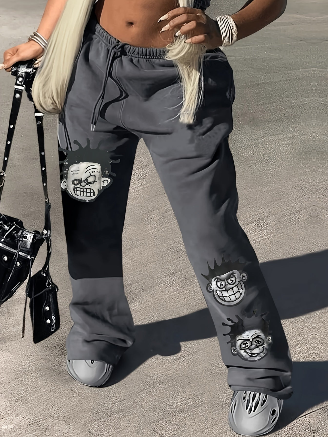 Y2K Wide Leg Polyester Pants with Cartoon Portrait Print - Fall/Winter Knit Fabric Trousers, 95% Polyester 5% Spandex, Adult Unisex