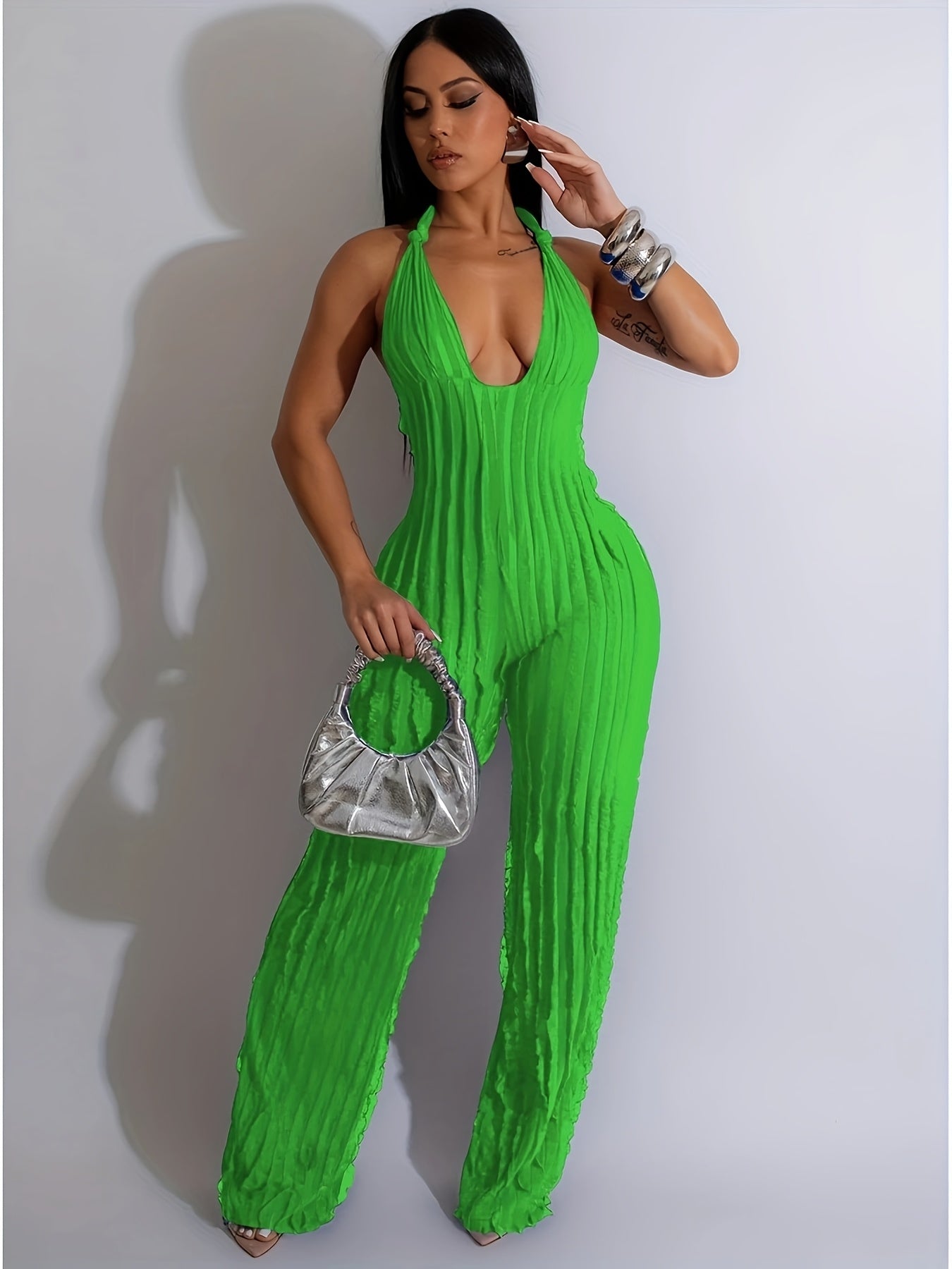 Royal Blue Halter Neck Jumpsuit for Women - Sexy Backless Pleated Wide Leg Romper, Boho Style, Deep V-Neck, Sleeveless, Machine Washable, Ladies Rompers And Jumpsuits