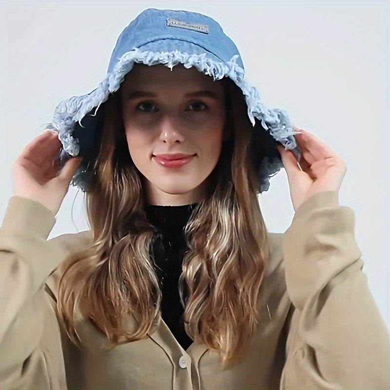 Stylish Basin Bucket Hat - Lightweight, Distressed, Raw Hem, Casual Sunshade Fisherman Cap for Women and Girls - Blue Denim Washed, Soft, Breathable, Adjustable, Perfect for Outdoor Activities