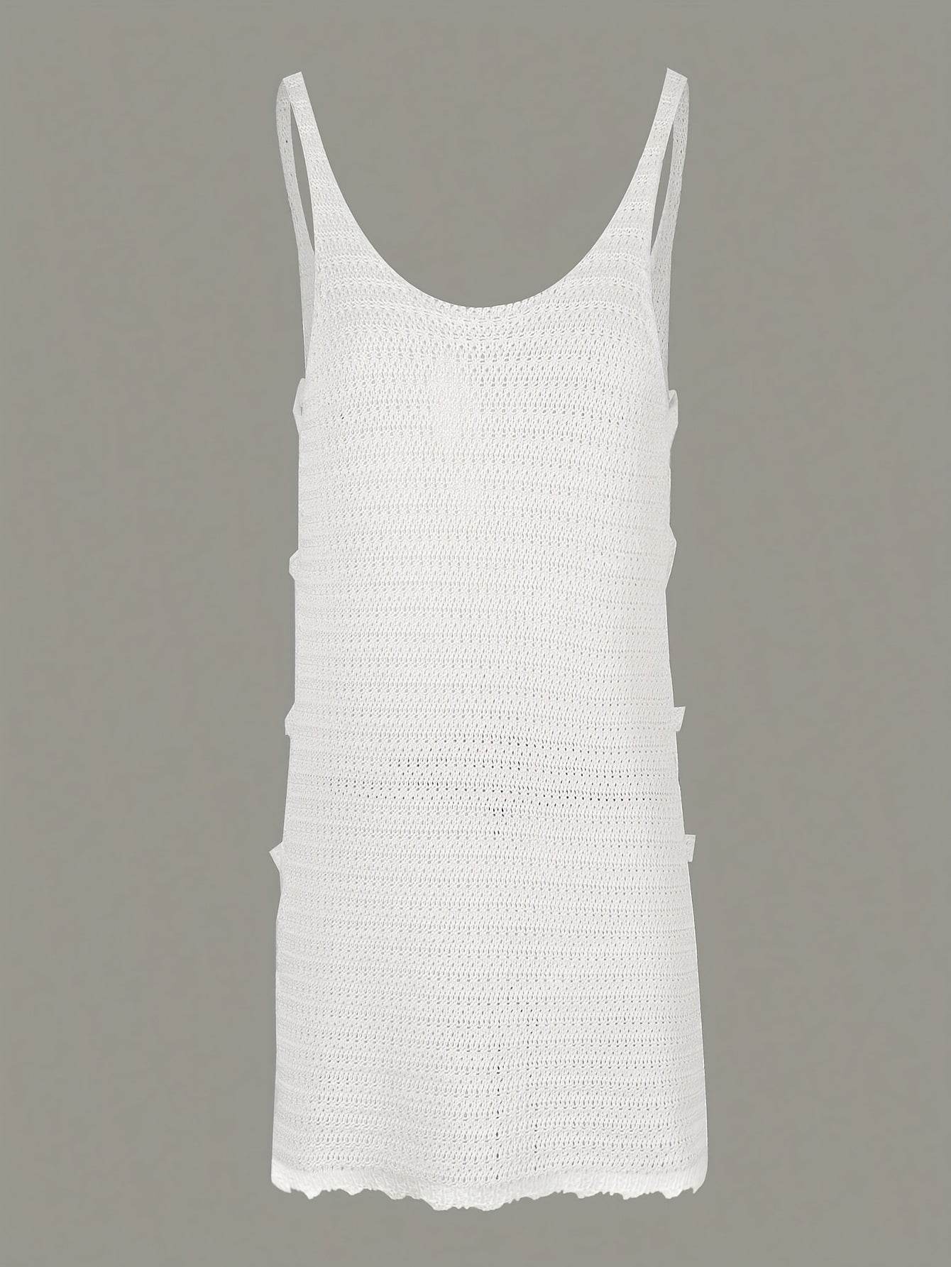 Women'S Sleeveless Knit V-Neck Mini Dress with Side Cut-Outs and Flared Hem - Solid Color, Ribbed Detail, Summer Beachwear Swimsuit Cover-Up, Women'S Fashion|Elegant Vneck Dress|Intricate Detailing