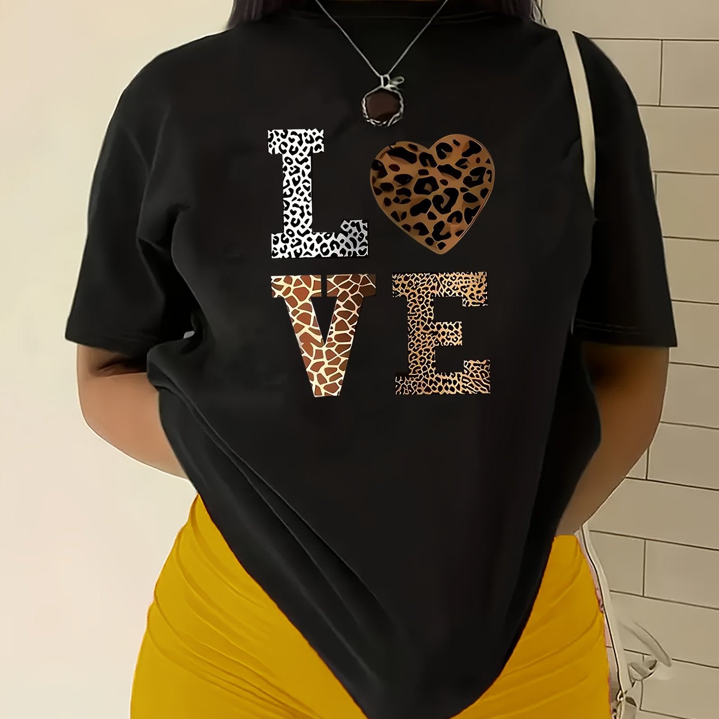 Stylish White 'LOVE' Leopard Heart Print Tee - Casual Round Neck Short Sleeve, 100% Polyester, Machine Washable - Perfect for All Seasons, Casual Wear Tee|Leopard Heart Design|Stretchable Material