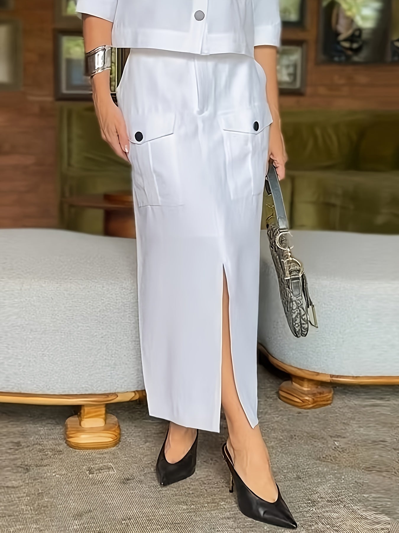 Elegant Light Blue Women'S Summer Casual Flap Collar Dress Set - Sleeveless Top with Pockets, High-Waisted Skirt with Slit, Stylish Black Heels, Perfect for Spring and Summer, Casual Attire|Modern Casualwear|Pocketed Skirt