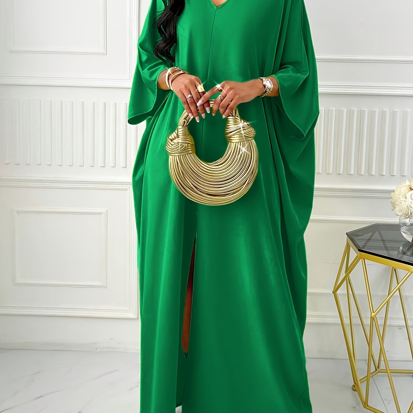 Elegant Solid Color V-Neck Cap Sleeve Side Slit Tunic Dress for Women - 100% Polyester Casual All-Season Long Dress