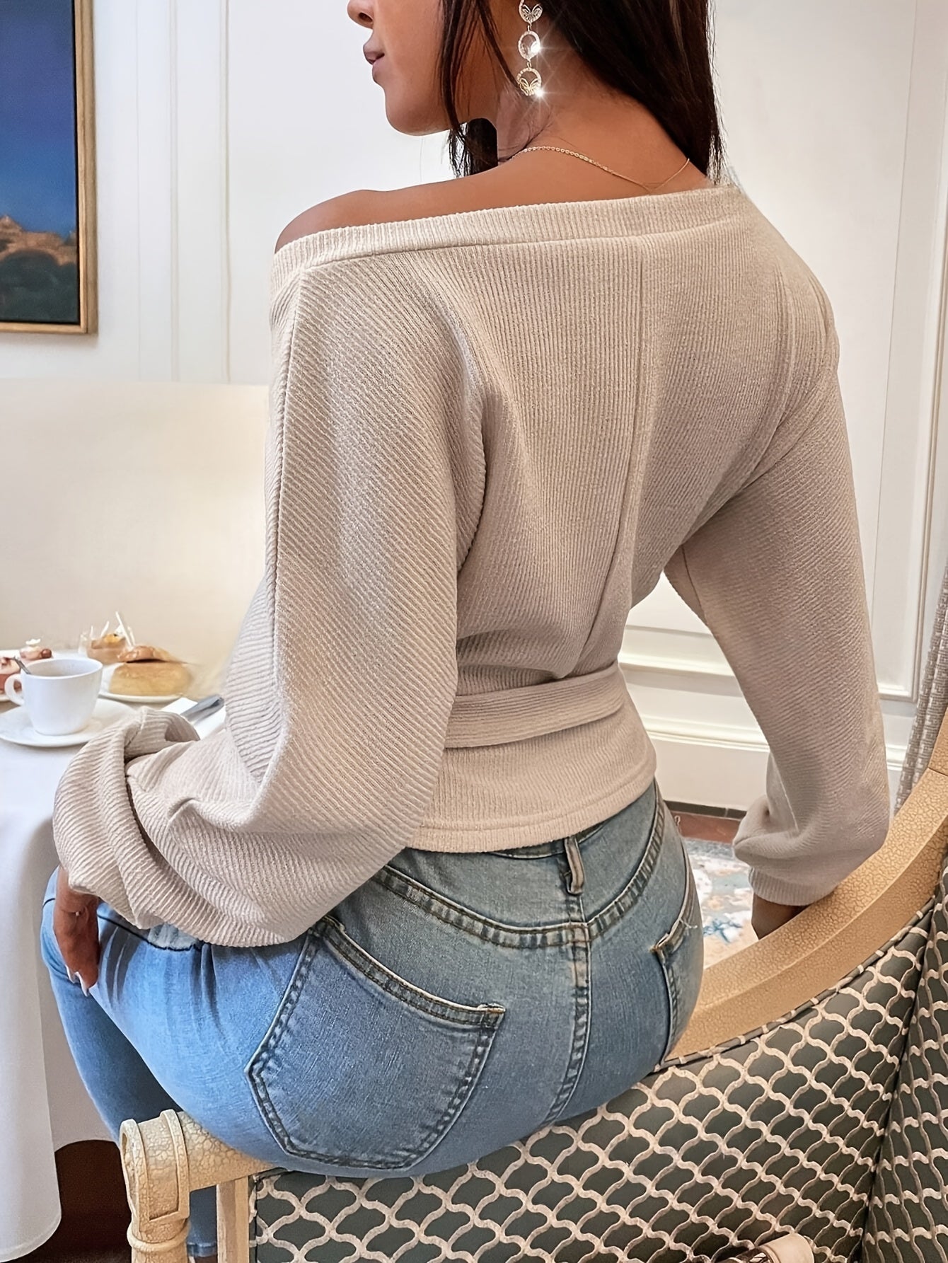 Chic Beige V-Neck Long Sleeve Knit Sweater with Tie Waist & Hem, Ribbed Cuffs - Stylish Fall/Winter Women’s Top for Casual or Sexy Outfits, Casual Women's Wear | Sexy Knitwear | Stylish Bow Design, Ladies Sweaters