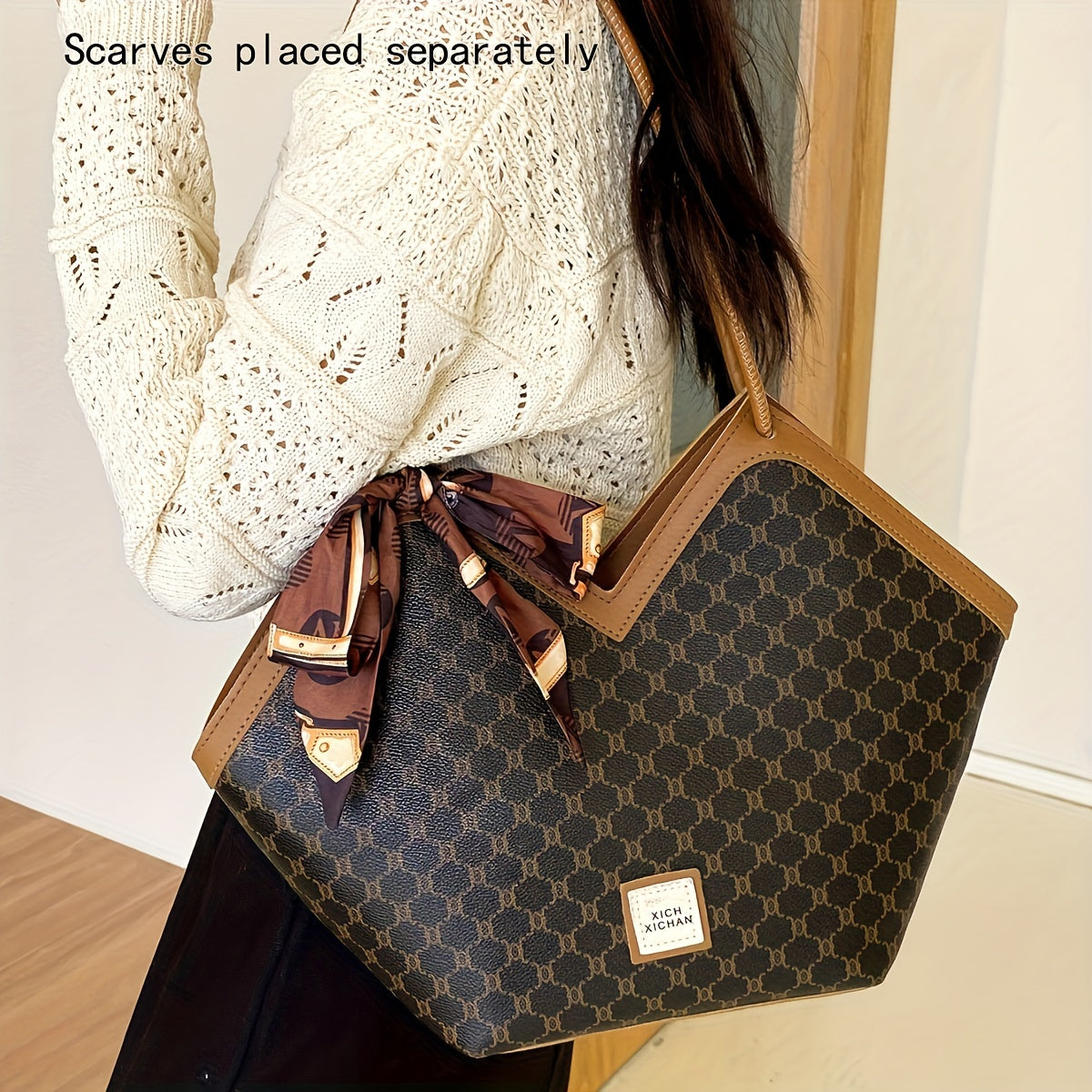 Timeless Chic - Niche Shoulder Bag with Fashion-Forward Scarf Accent - Versatile Classic Pattern Design for Womens Everyday Style