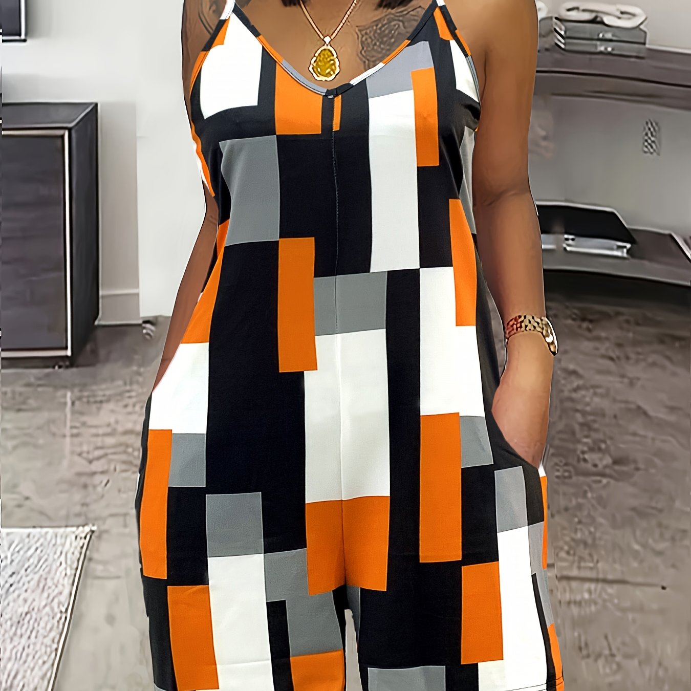 Women's Summer V-Neck Color Block Print Romper with Pockets - Stylish Sleeveless Jumpsuit in Orange, Black, White & Gray, Casual Knit Polyester Blend, Machine Washable, Stylish Leisurewear | Pocketed Outfit | Casual Elegance