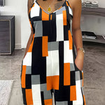 Women's Summer V-Neck Color Block Print Romper with Pockets - Stylish Sleeveless Jumpsuit in Orange, Black, White & Gray, Casual Knit Polyester Blend, Machine Washable, Stylish Leisurewear | Pocketed Outfit | Casual Elegance