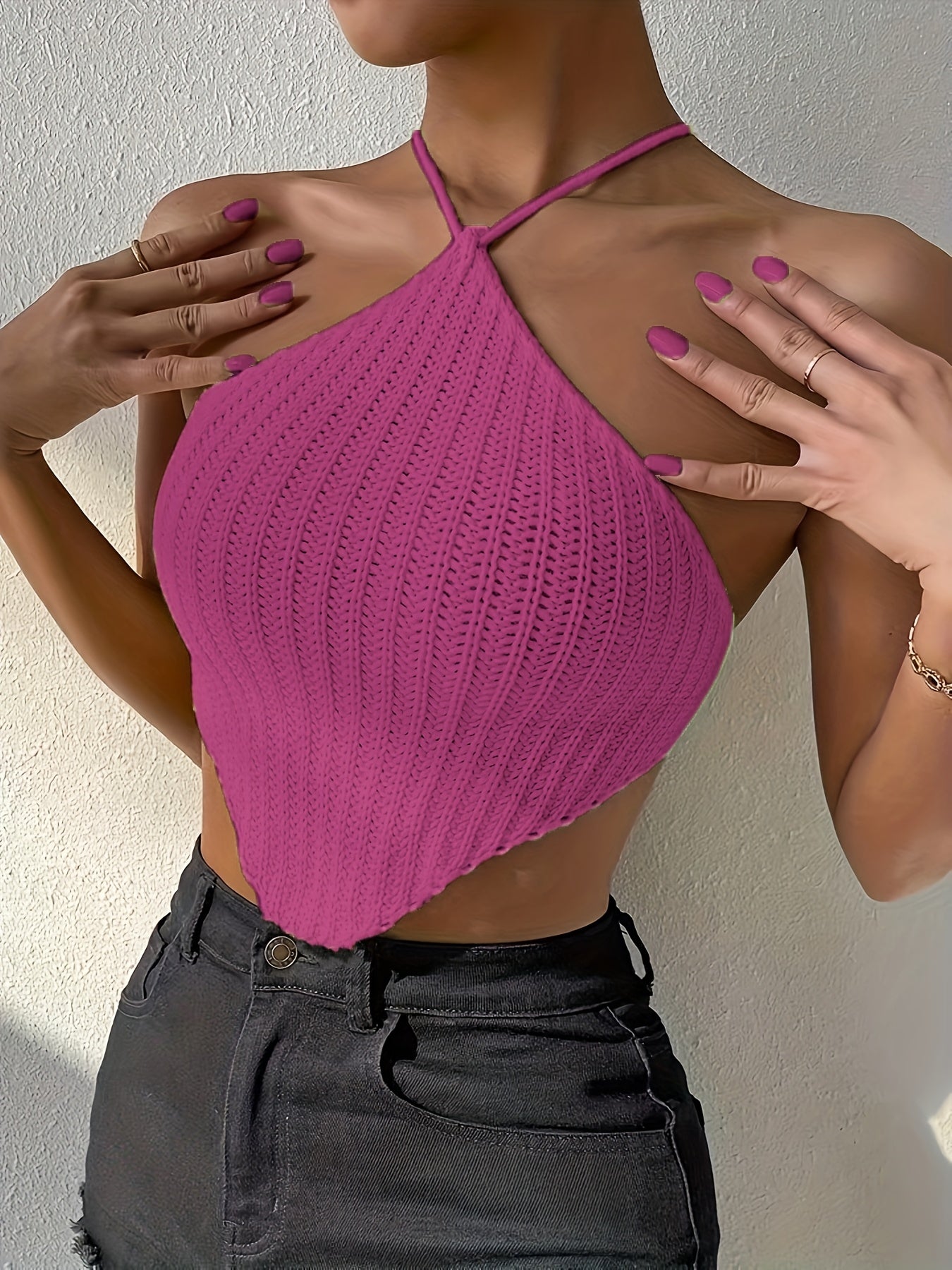 Solid Halter Neck Knit Top, Elegant Backless Hanky Hem Top For Spring & Summer - Women's Clothing - Soft & Breathable Knit Fabric - Perfect for Casual & Party Occasions - Ideal Gift for Women