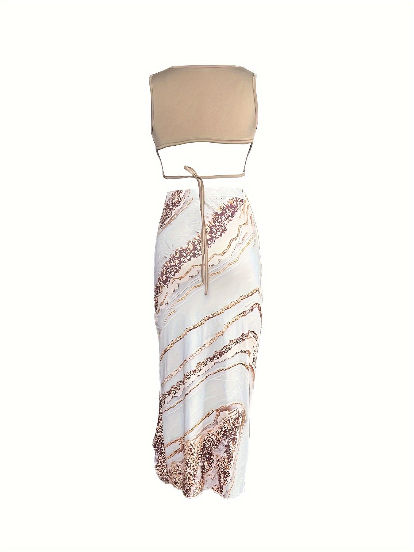 Elegant Floral Print Two-Piece Set for Women - Crop Tank Top & High Slit Skirt with Drawstring Detail, Polyester, Machine Washable - Perfect for Spring/Summer, Short, Print
