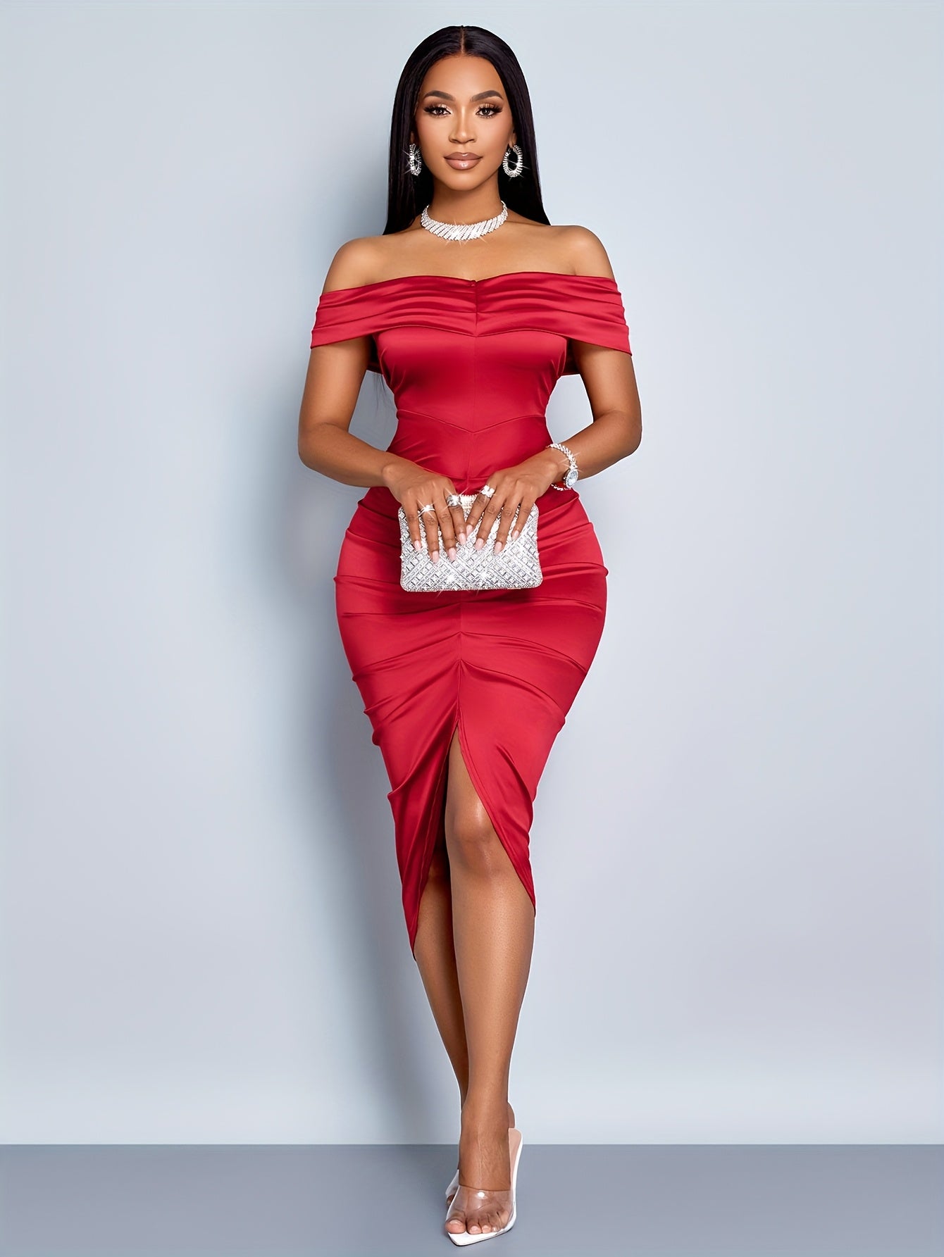 Women's Off-Shoulder Pleated Satin Asymmetrical Party Dress