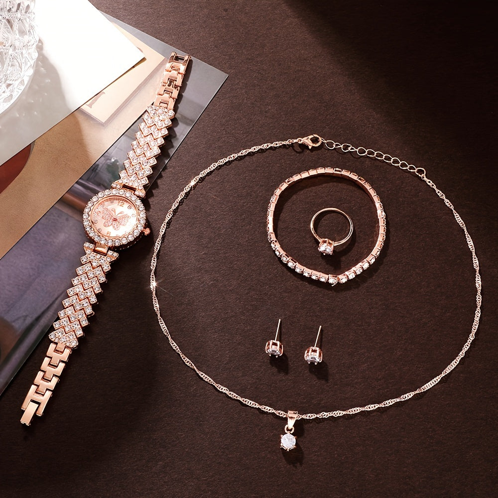 6pcs Women'S Fashion Elegant Quartz Watch, Rose Golden, Zinc Alloy Strap, Round Dial, Zinc Alloy Case, Necklace Earrings Ring Bracelet Gift Set
