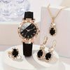 5-Piece Elegant Ladies Quartz Watch and Rhinestone Jewelry Set - Fashionable Glittering Black Starry Sky Dial, Round Case, Analog Display, Durable PU Leather Strap, Zinc Alloy Body, Precision Quartz Movement, Non-Rechargeable
