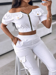 [Elegant | Chic] Chic Women's Casual | Elegant Off-Shoulder Short Sleeve Zipper Top and Drawstring Pants Set | Solid Color Polyester Ensemble for Spring/Summer