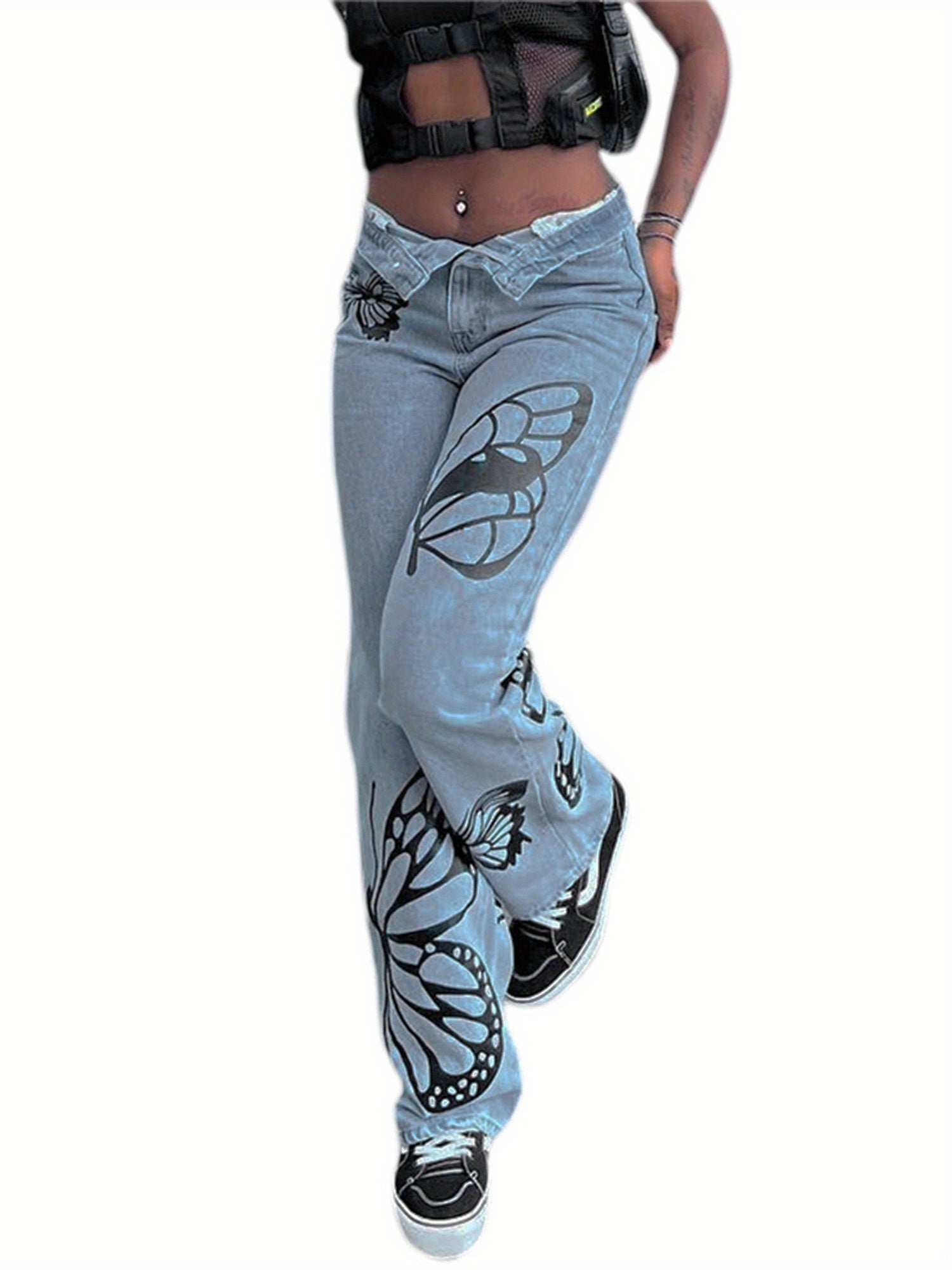 Womens Straight Leg Boyfriend Jeans, High Waist Butterfly Print Loose Denim Pants