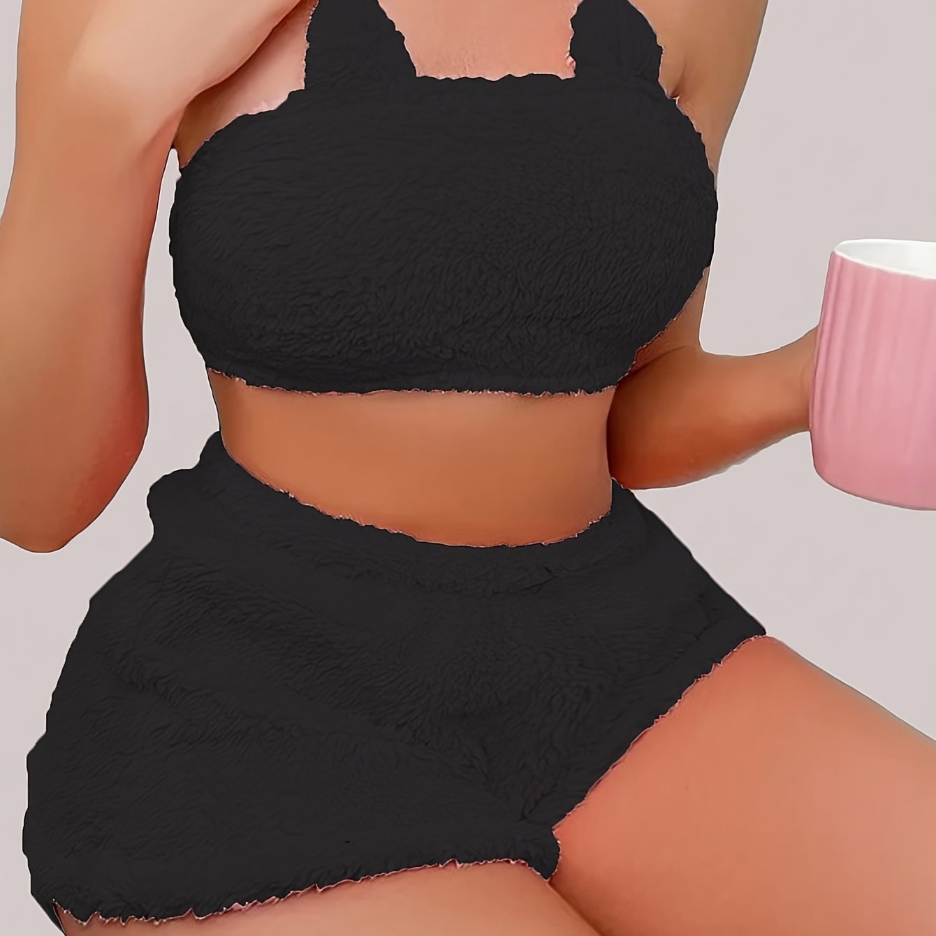 Plush Lounge Set - Sexy Solid Tube Crop Top & Elastic Shorts - Women's Fall & Winter Loungewear