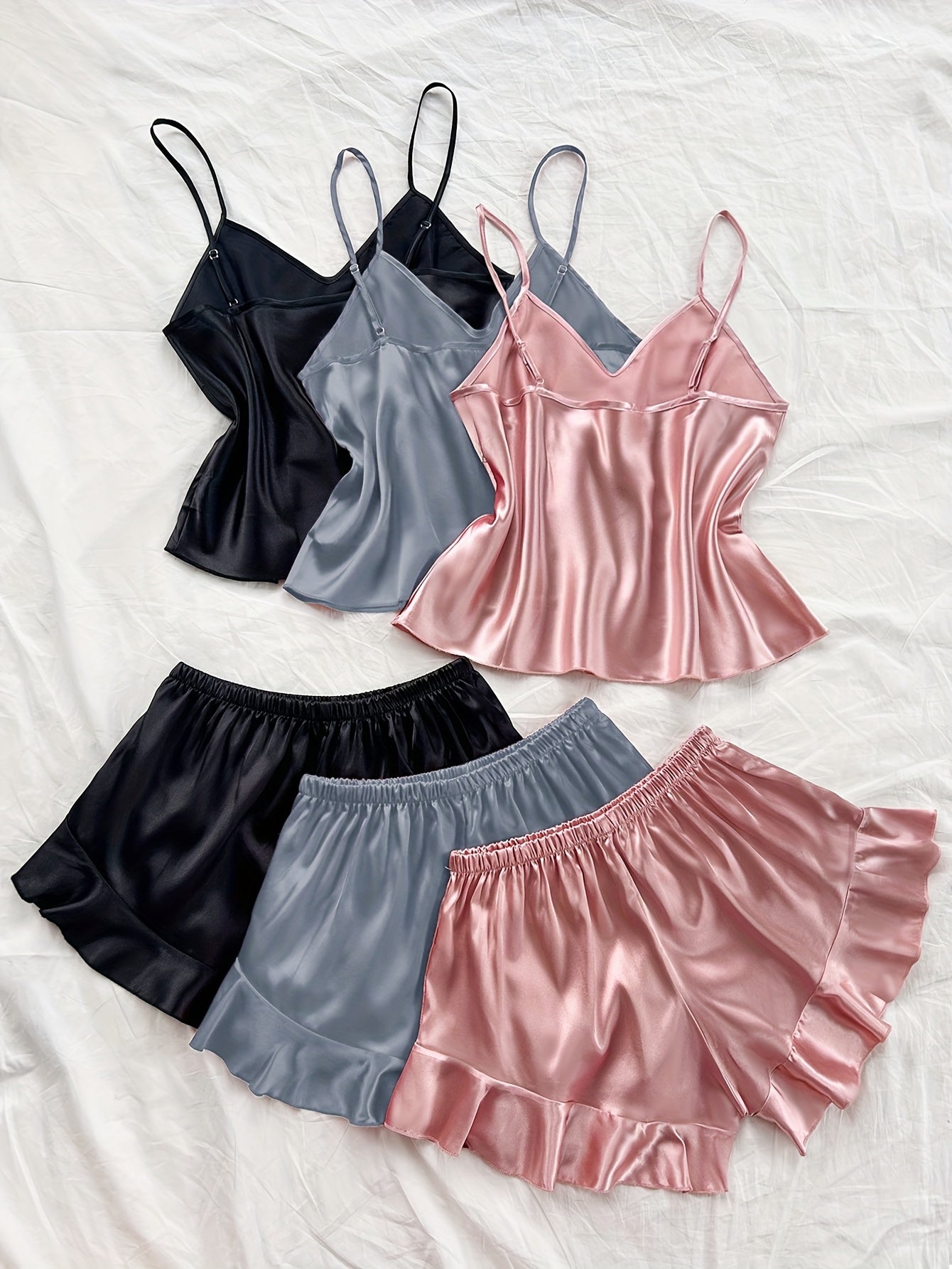 6pcs Set of Stylish And Sexy V-Neck Camisole And Ruffled Shorts Made of Faux Silky, Perfect for Casual And Comfortable Wear in All Seasons.