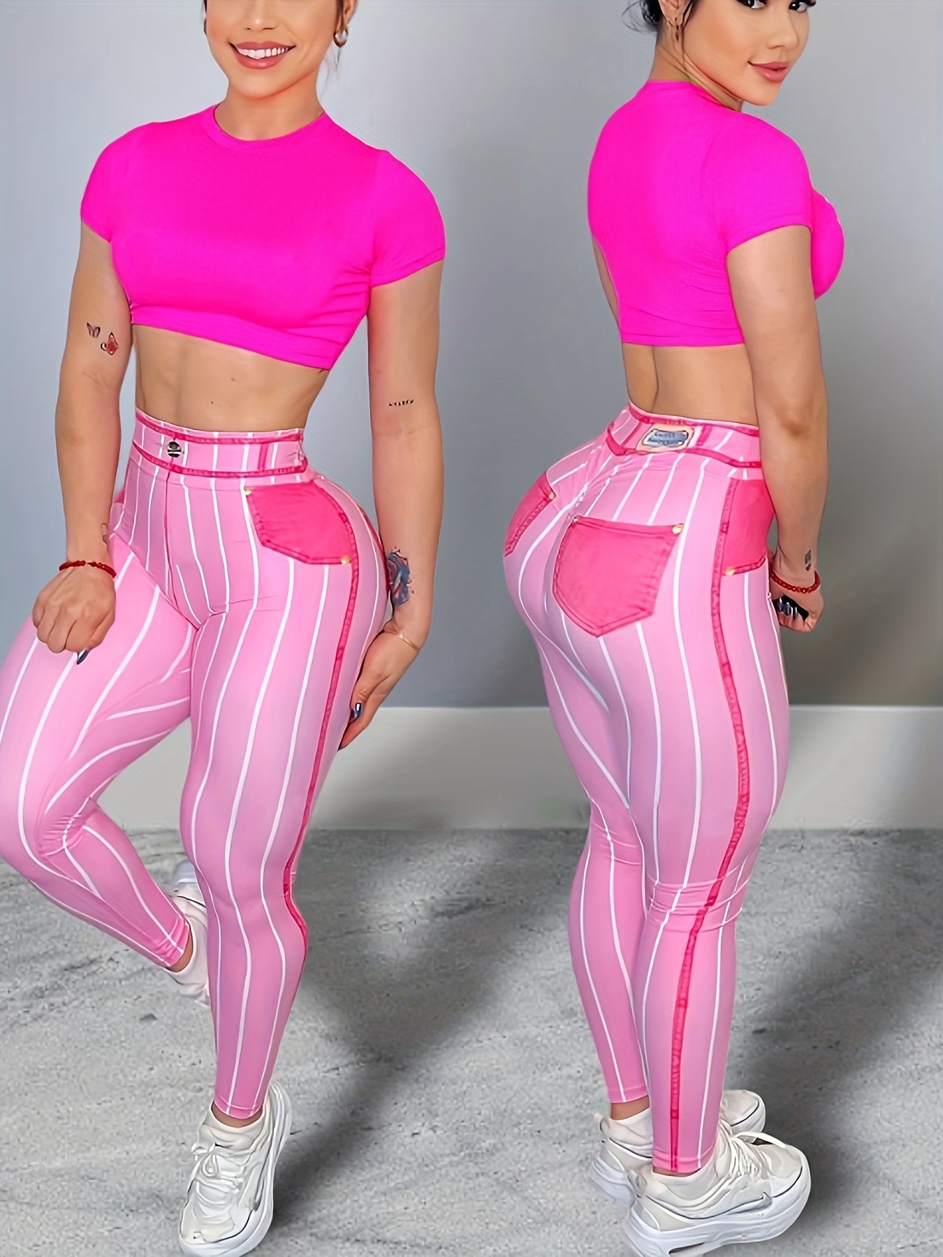High-Waist Denim-Look Yoga Pants for Women - Sexy Fitness Leggings with Trendy Striped Design, Red & White Vertical Stripes, Stretchy Polyester Blend, Machine Washable, Perfect for Yoga, Running, and Gym Workouts, Athletic We
