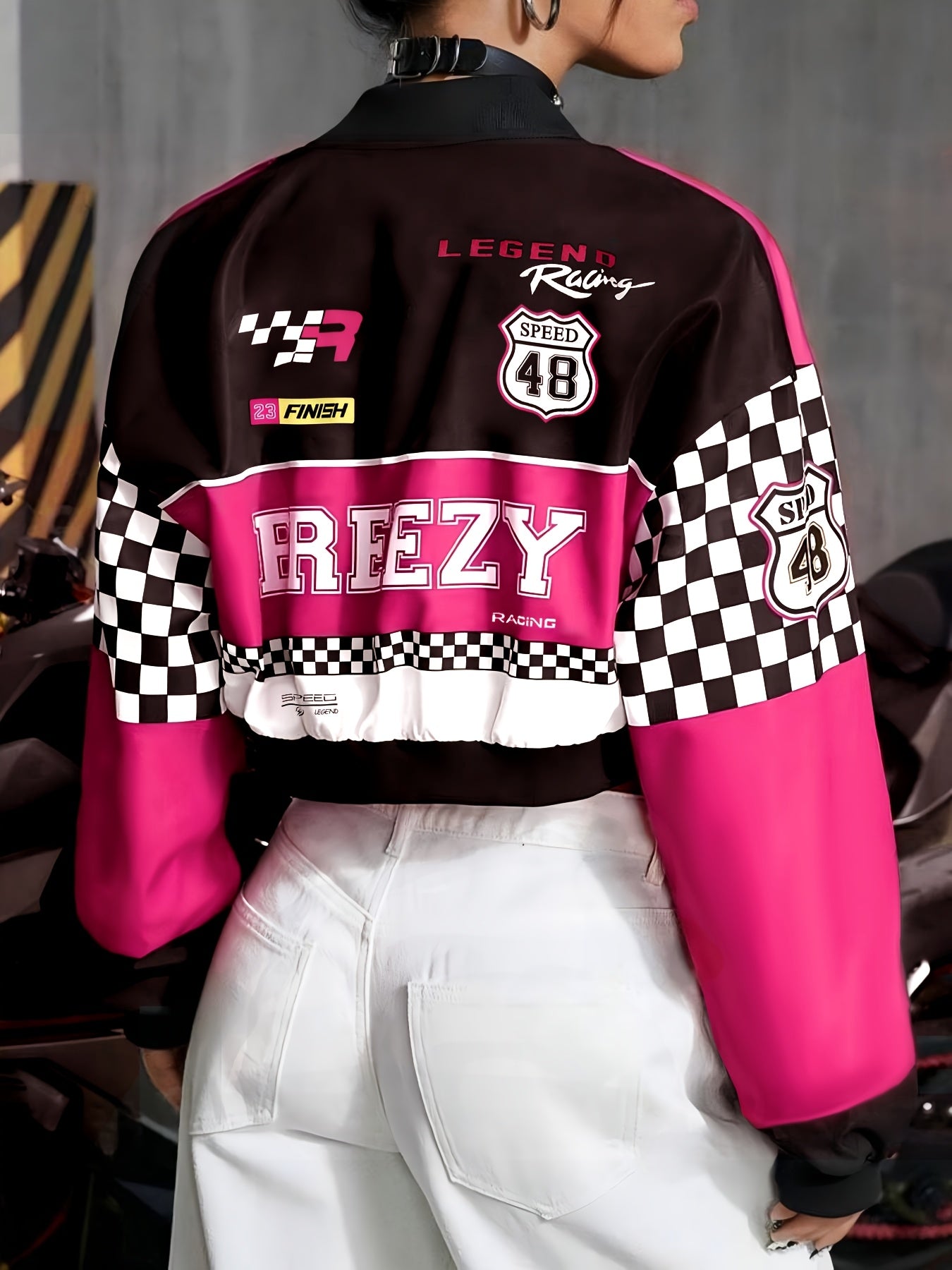 Women's Casual Letter & Checkered Print Long Sleeve Jacket - Stylish Blue & Black Zip-Up Crop Top with "44" Graphic, Perfect for Motorcycle Rides and Trendy Outfits