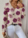 Graceful autumn and winter, spring and summer, four-season style, bohemian fashion, trendy versatile V-neck long-sleeve Women's top with floral digital print, all-over printed knitwear for office, streetwear, home, and travel