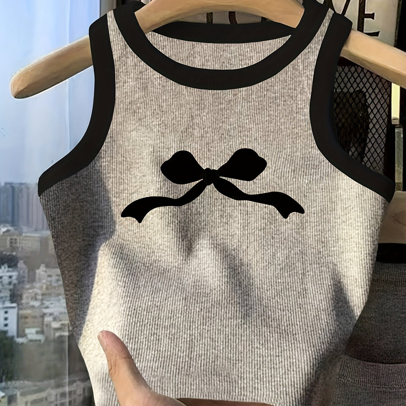 Teenage Girls' Cute Bow Print Tank Top, Simple Fashion for Casual Wear
