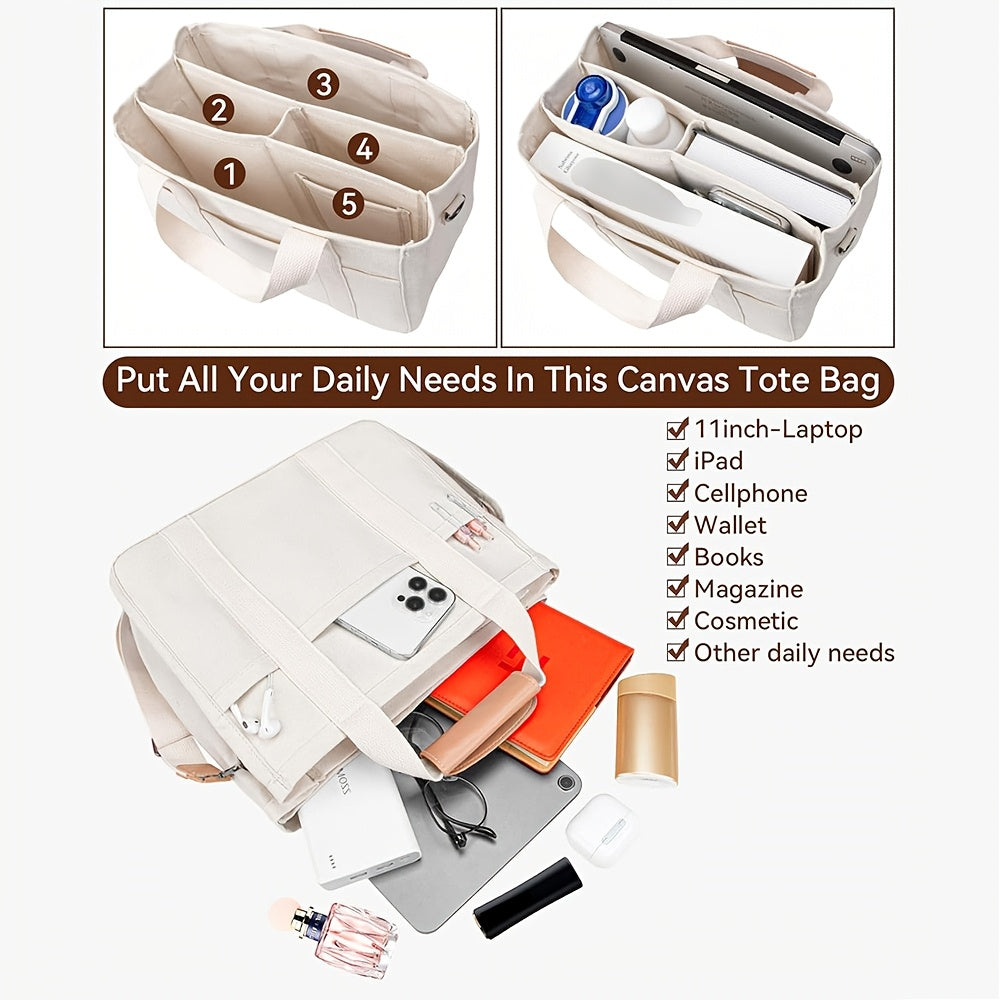 Canvas Tote Bag with Multi-Pocket for Women, Stylish & Spacious Messenger Bag - Durable, High-capacity, Versatile with Comfortable Single Shoulder Strap And Organized Compartments