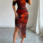 Stretchy Polyester Blend, Ruched Side Slit, Machine Washable, All-Season Bodycon for Women