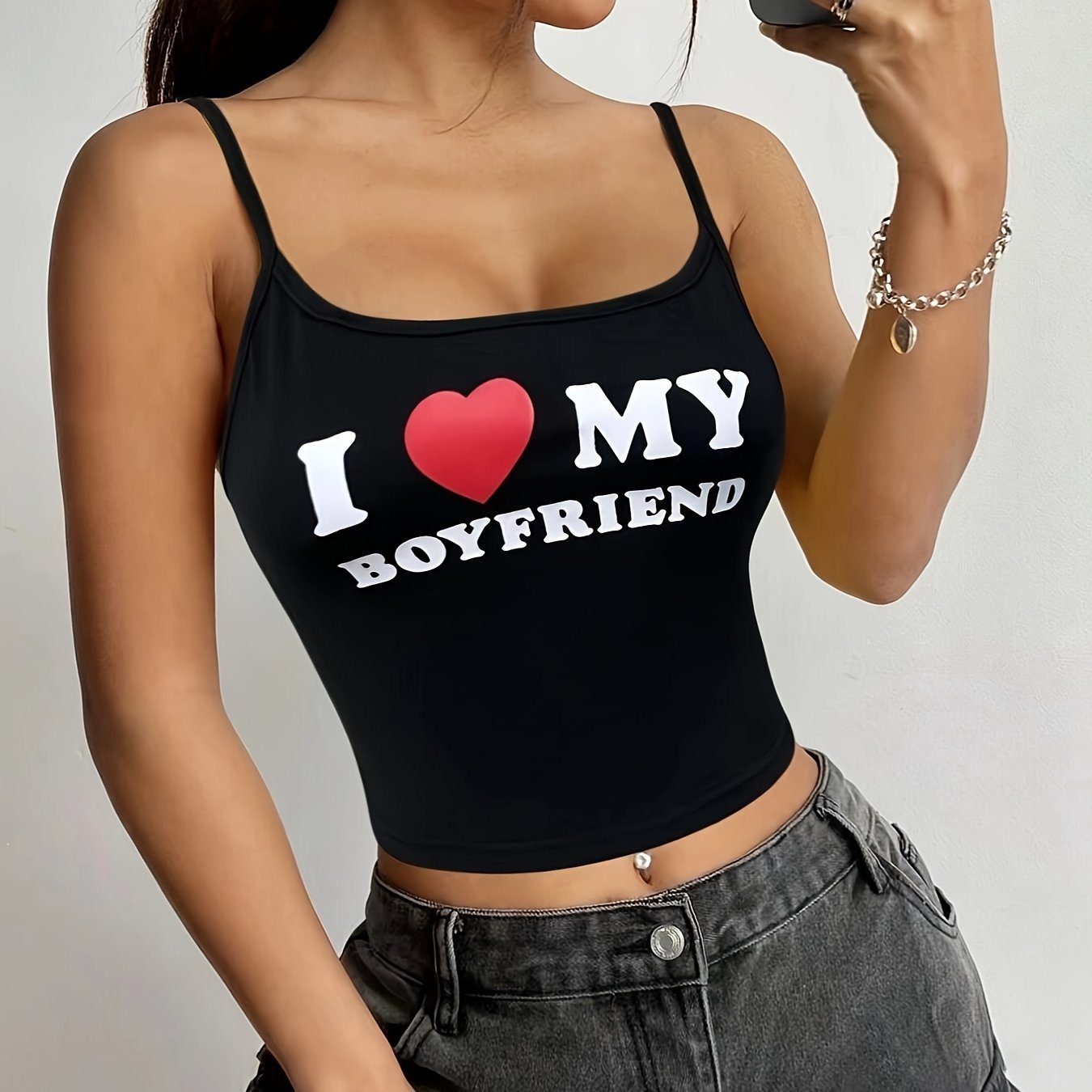Letter Print Spaghetti Strap Top, Y2K Sleeveless Crop Cami Top For Summer, Women's Clothing