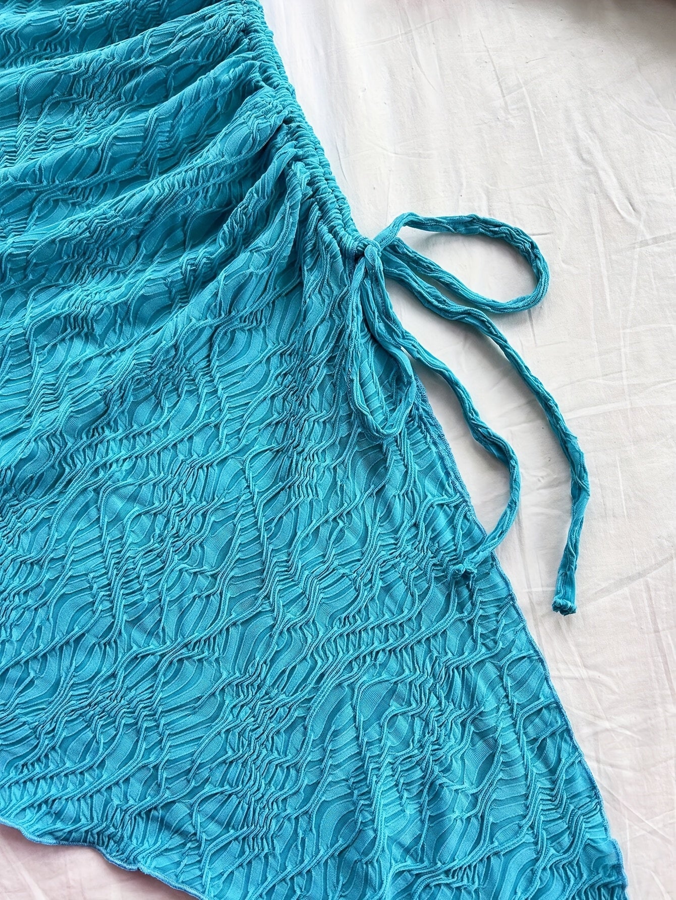 Women's Summer Jacquard Halter Dress with Asymmetrical Hem and Drawstring Detail - Vibrant Teal Blue, Vacation-Ready Wrap Style, Polyester Fabric, Perfect for Beach or Casual Outings, Beach Dress