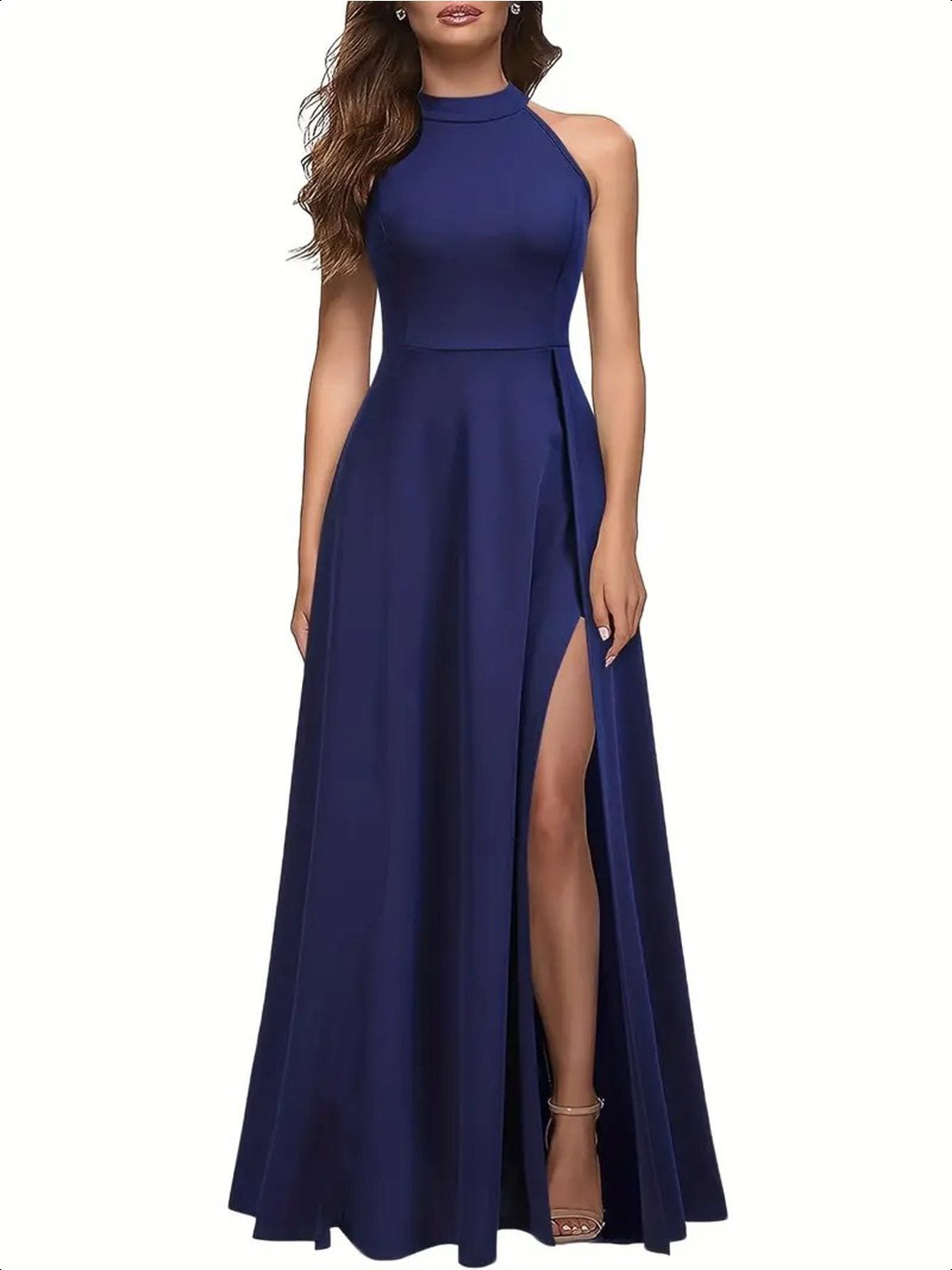 Long formal dress, slit thigh high waist long dress, elegant sleeveless round neck dress, suitable for parties and banquets
