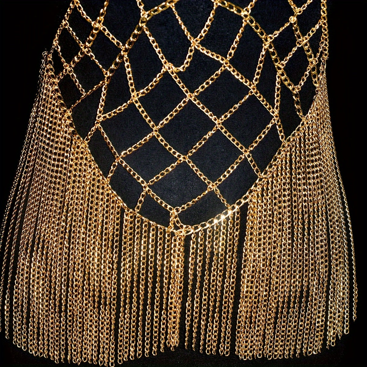 Elegant Golden-Tone Fringe Body Chain with Sparkling Bra Detail - Sexy Aluminum Alloy Party & Festival Accessory, Perfect for Nightclubs and Streetwear Fashion