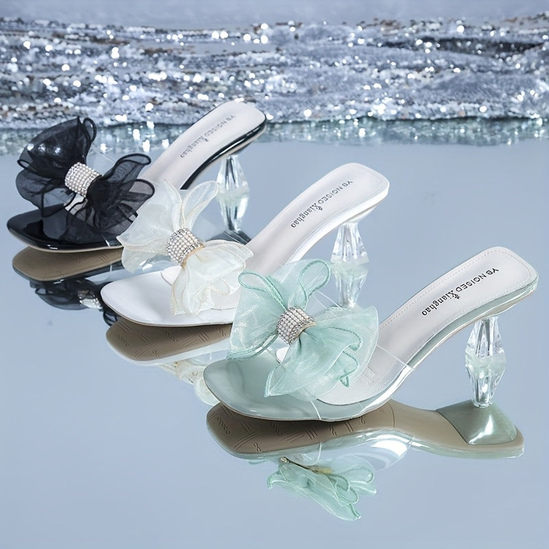 Women's Elegant Butterfly Decor Stiletto Sandals - Transparent Mint Green High Heels with Rhinestone Accents, Comfortable Summer Party Shoes, Slip-On Design, Faux Cover Upper Strap, Butterfly Sandals