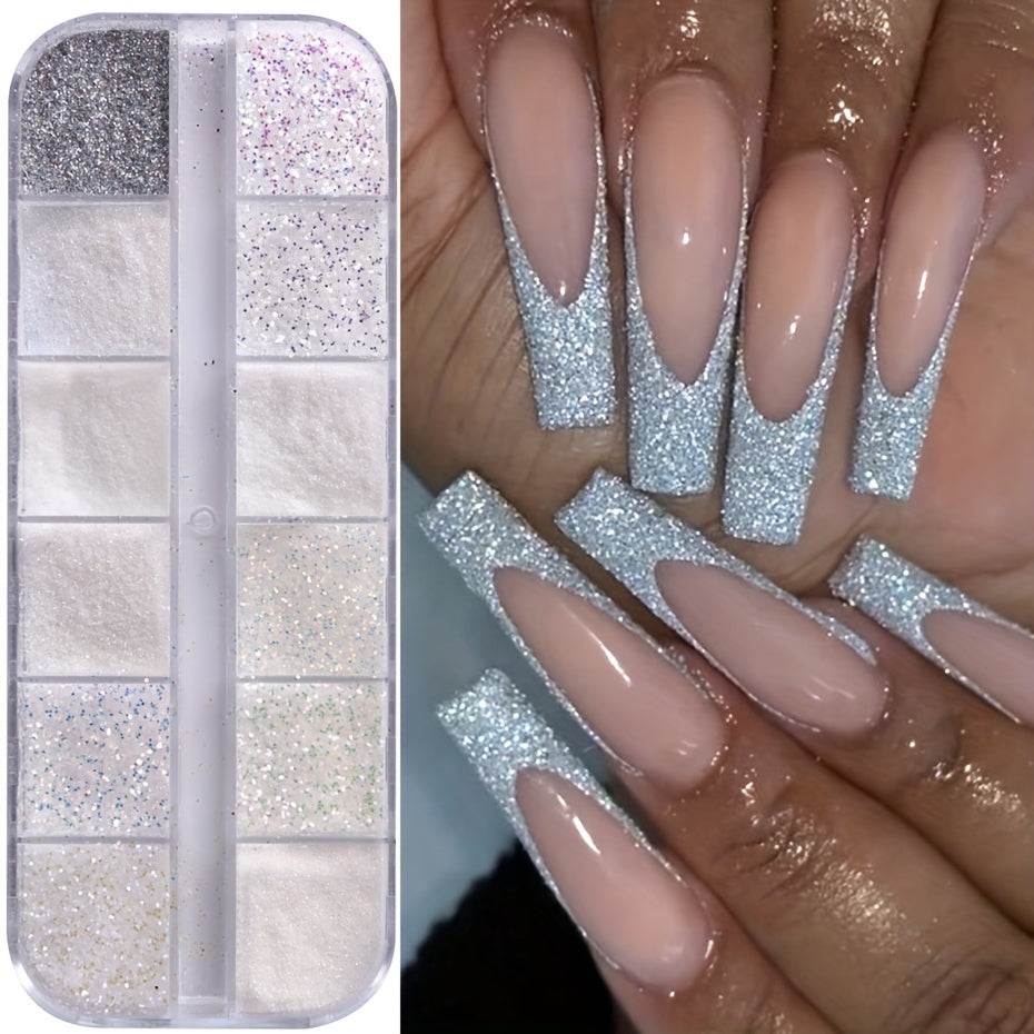12 Grids Shiny White Sugar Nail Glitter Powder Fine Iridescent Flakes Pigment Dust Elegant Wedding Manicure Decorations