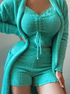 Chic Women's 3pcs Casual Fuzzy Outfit Set - Vibrant Teal, Polyester Knit with Lace Trim, Long Sleeve Cardigan & Crop Top + High-Waisted Shorts, Machine Washable - Cozy & Stylish for All Seasons, Casual Clothing Set|Relaxed Fi