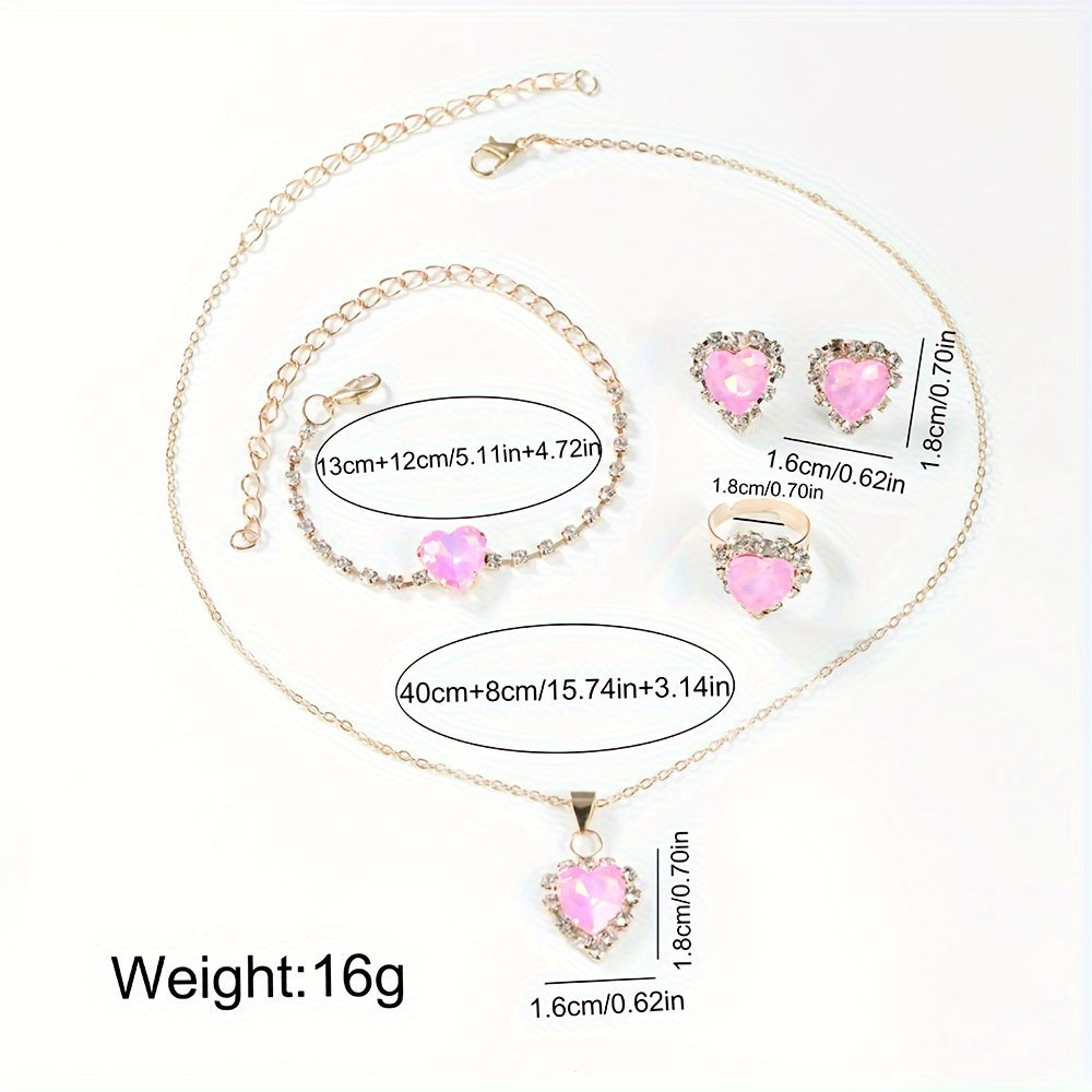 6 Pcs Pink Round Rhinestone Quartz Watch Alloy Strap Alloy Pointer Alloy Case And Rhinestone Bracelet Necklace Earrings Ring Jewelry For Women