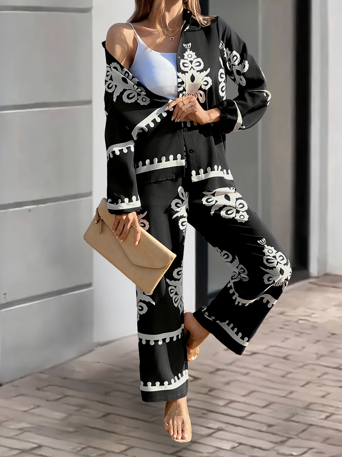 2pcs Elegant Special Set for Women with Random Print Front Button Long Sleeve Top and Pants Casual Suit